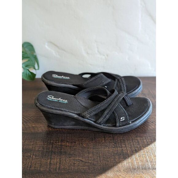 Skechers Women's Rumblers Black Wedge Sandals - Size 11 - Picture 1 of 8